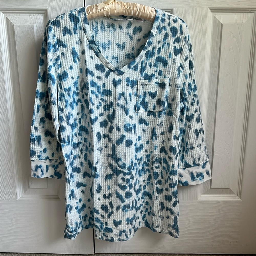 Blue and White Leopard Print Waffle Knit Top